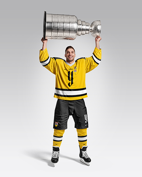 Ice Hockey Player with Stanley Cup Mockup