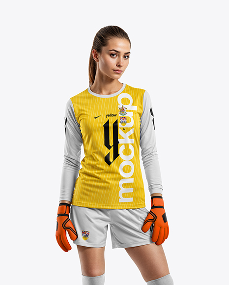 Female Soccer Goalkeeper Wearing Long Sleeve Jersey and Shorts Mockup - Crew neck mockup