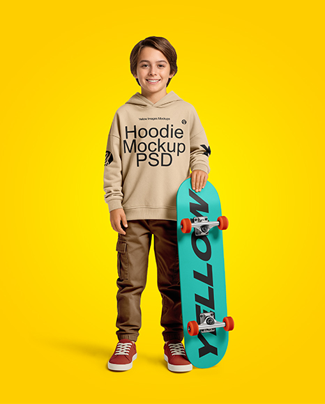 Boy Wearing Hoodie and Cargo Pants with Skateboard Mockup