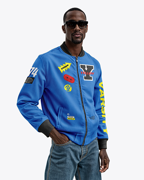 Black Man Wearing Bomber Jacket and Jeans Mockup - Dickies jacket mockup