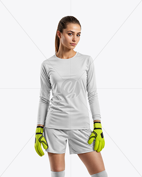 Female Soccer Goalkeeper Wearing Long Sleeve Jersey and Shorts Mockup