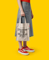 Young Woman with Tote Bag Wearing a Denim Skirt Mockup