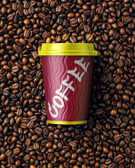 12oz Paper Cup on a Stack of Coffee Beans Mockup