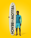 Man Wearing Rashguard Jersey and Shorts with Surfboard Mockup
