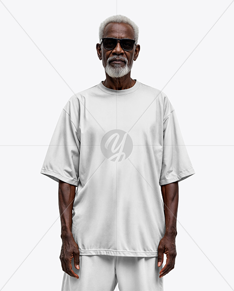 Elderly Afro-American Man Wearing Oversized T-Shirt & Sweatpants Mockup