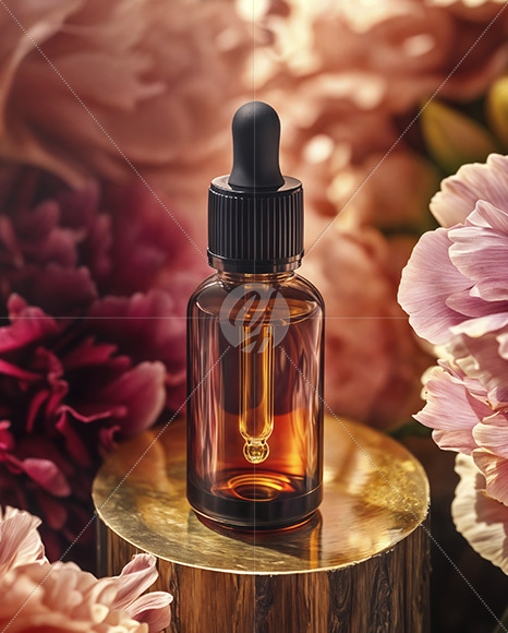 Amber Dropper Bottle with Oil Tincture Surrounded by Flowers Mockup