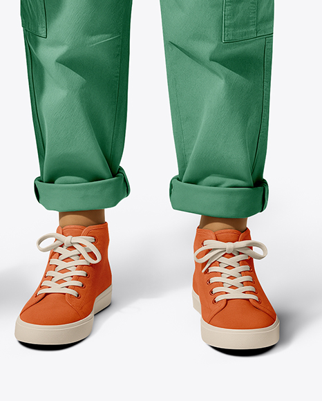 Boy Wearing T-Shirt and Cargo Pants with Skateboard Mockup
