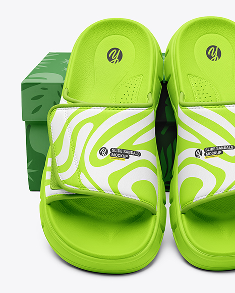 Pair of Velcro Slide Sandals With Box Mockup
