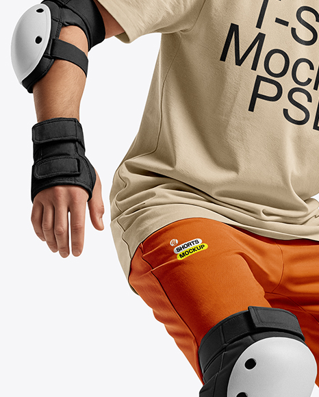 Skater in Protective Gear with Skateboard Mockup