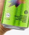 500ml Aluminium Can with Drops in the Hand Mockup