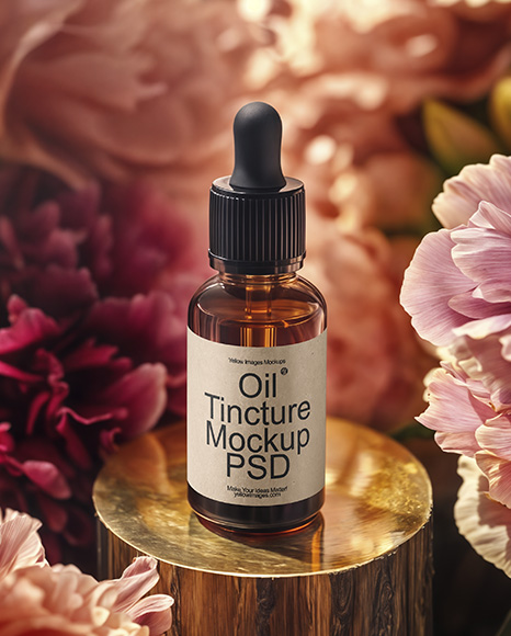 Amber Dropper Bottle with Oil Tincture Surrounded by Flowers Mockup