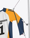 Training Long Sleeve Jersey Hanging on a Hooked Frame Mockup