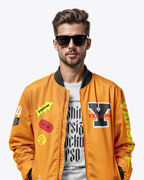 Bearded Man Wearing Bomber Jacket and Jeans Mockup