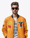 Bearded Man Wearing Bomber Jacket and Jeans Mockup