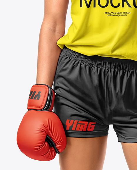 Female UFC Fighter Wearing T-Shirt & Shorts Mockup