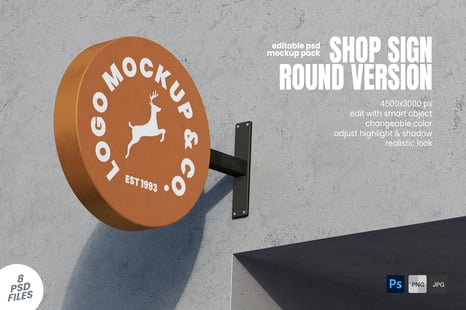 Round Shop Sign Wall Mounted PSD Mockup Set - Outdoor Advertising Mockups