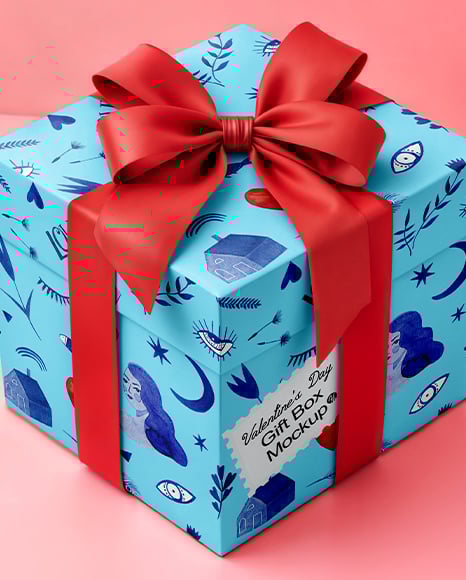Gift Box with Red Bow on Pink Background Mockup