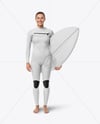 Female Surfer in a Wetsuit with a Shortboard Mockup