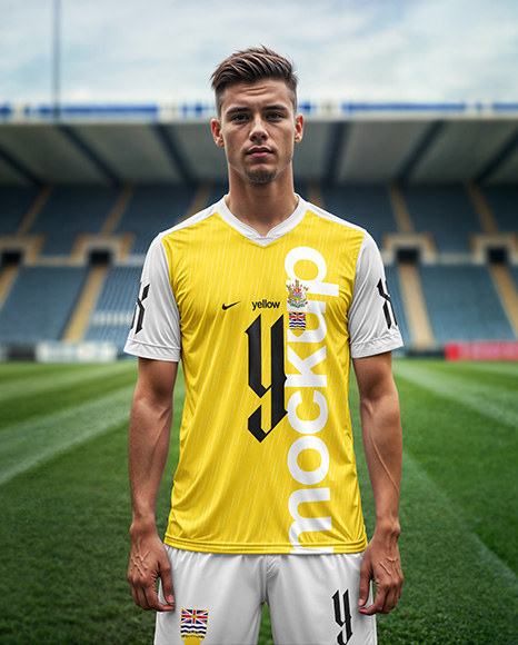 Soccer Player Wearing a Jersey and Shorts at the Stadium Mockup - Mockup kit soccer