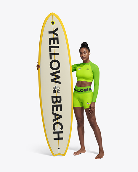 Woman Wearing Long Sleeve Rashguard and Shorts Holding Surfboard Mockup