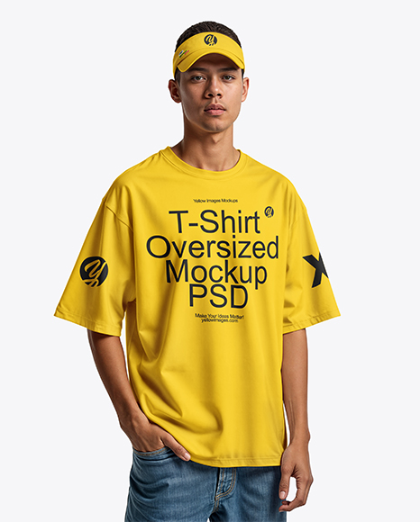 Man Wearing Oversized T-Shirt and Sun Visor Mockup - Tshirt mockup front and back