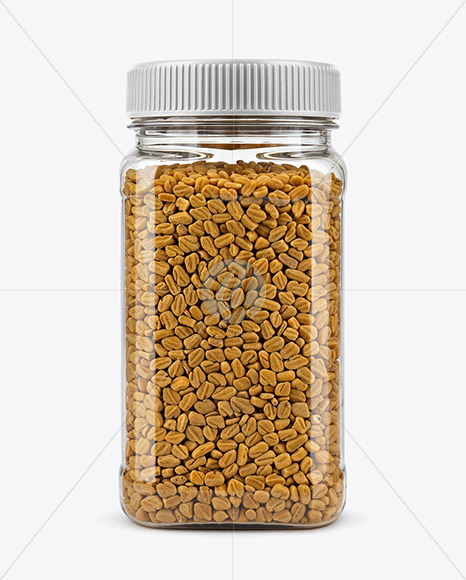 Clear Plastic Jar with Fenugreek Seeds Mockup