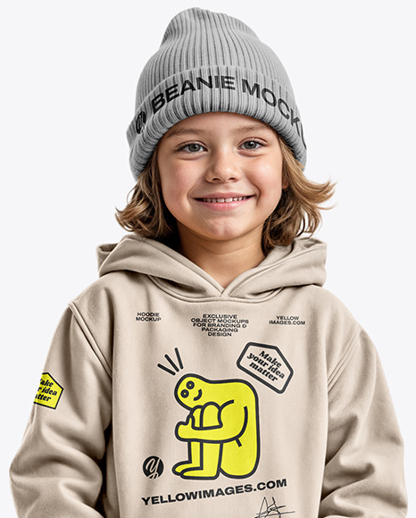Boy Wearing a Hoodie and Beanie Hat Mockup