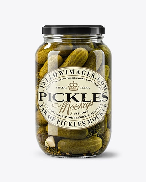 Glass Jar with Wholes Dill Pickles and Garlic Mockup - Glass+Jar+Of+Pickled+Cucumbers+Mockup+Set+In+Packaging+Mockups