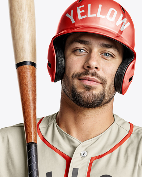 Baseball Player Wearing a Jersey and Helmet with a Bat Mockup