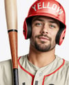 Baseball Player Wearing a Jersey and Helmet with a Bat Mockup