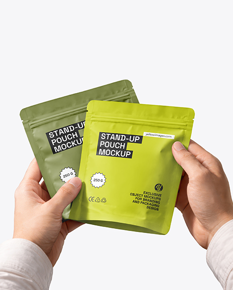 Two Matte Stand-Up Pouch in Hands Mockup