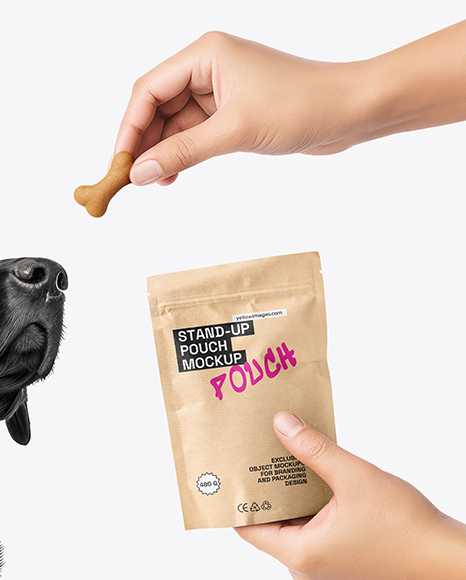 Dog and Hand Holding Stand-Up Pouch Mockup