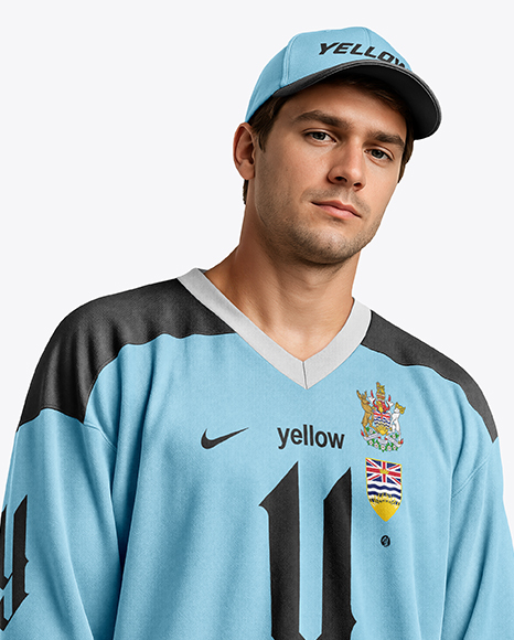 Man Wearing Ice Hockey Jersey and Cap Mockup