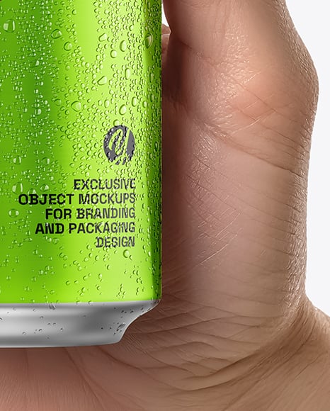 330ml Aluminium Can with Drops in the Hand Mockup