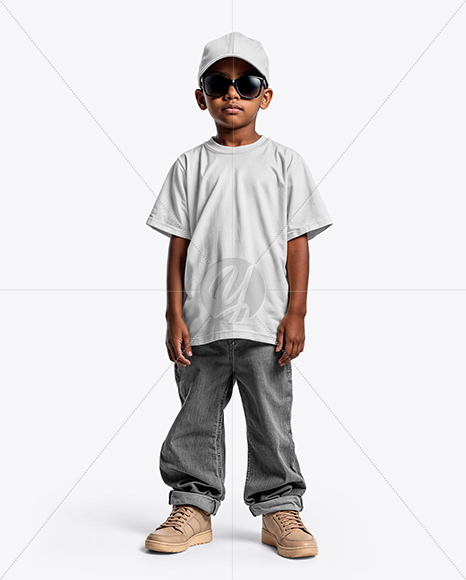 Black Boy Wearing Oversize T-Shirt and Baseball Cap Mockup