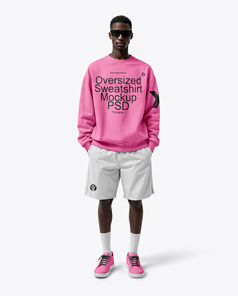 Young Black Man Wearing Oversize Sweatshirt and Shorts Mockup - COMPRESSION+SOCK+(SHORT)+FLUOR-BLACK+|+JOMA