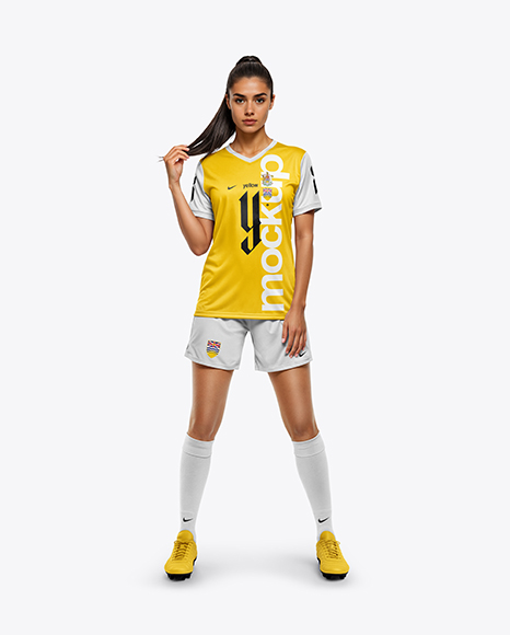 Female Soccer Player Wearing Jersey and Shorts Mockup