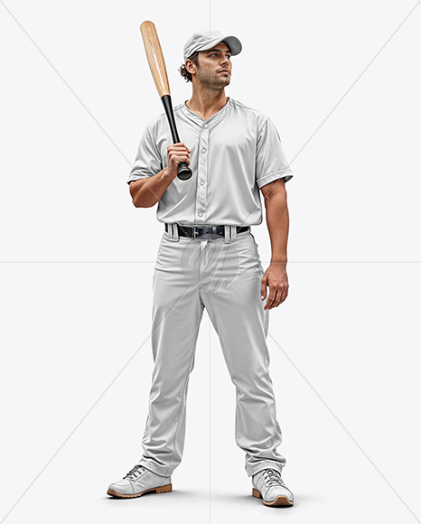 Man Wearing a Full Baseball Kit with Bat Mockup