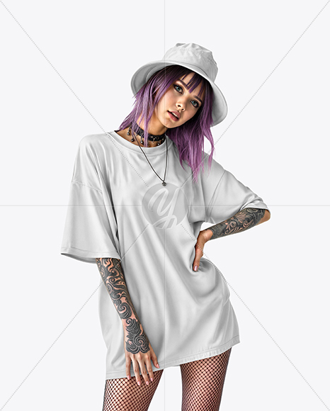 Young Alt Girl Wearing Oversized T-Shirt & Bucket Hat Mockup