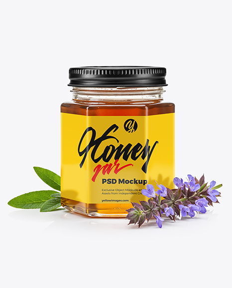 Hexagonal Glass Jar with Sage Honey Mockup - Realistic mockups