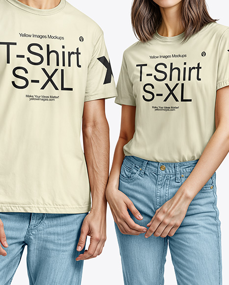 A Young Man and a Young Woman Wearing T-shirts and Jeans Mockup