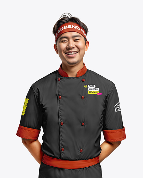 Asian Man Wearing Chef Uniform and Headband Mockup - Men+S+Bomber+Jacket+Mockup+Front+View+In+Apparel+Mockups+On+Yellow+Images+Object+Mockups