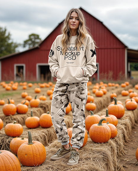 Young Woman in Sweatshirt and Joggers Standing on Hay Block at Pumpkin Patch Mockup - Blank sweatshirt mockup