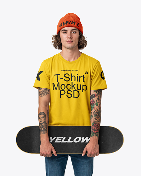 Man Wearing T-Shirt and Beanie Holding Skateboard Mockup