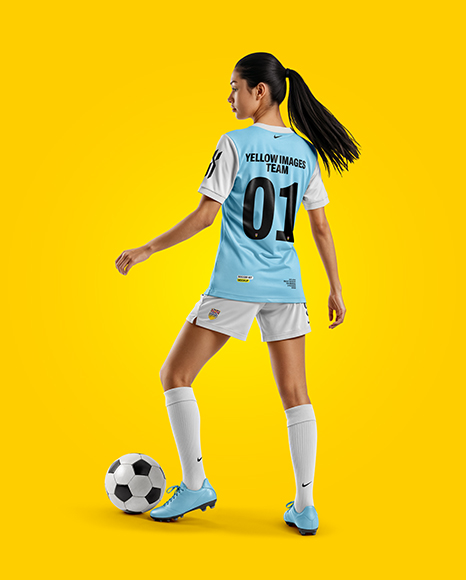 Female Soccer Player Wearing Jersey and Shorts Mockup