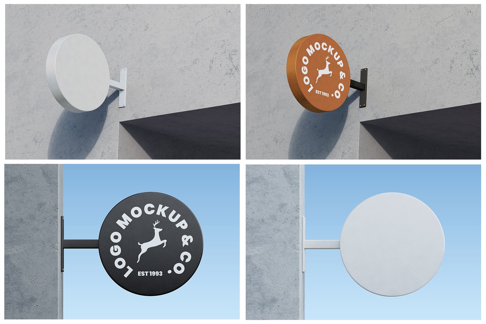 Round Shop Sign Wall Mounted PSD Mockup Set