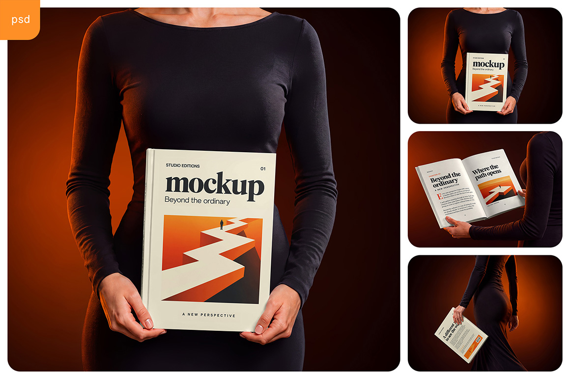 Woman Holding A4 Hardcover Book Mockup Set