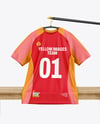 Training Jersey on Hanger Over Wooden Bench Mockup
