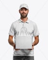 Delivery Man Wearing Polo Shirt and Baseball Cap Holding Box Mockup