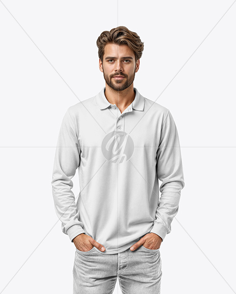 Man Wearing Long-Sleeve Polo Shirt and Jeans Mockup